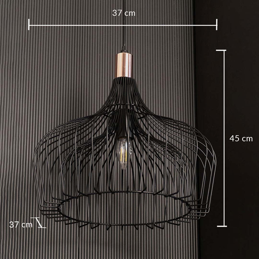 Black wire pendant lamp shown on black background with measurements of 37 cm width 45 cm height and 37 cm depth for accurate size reference.