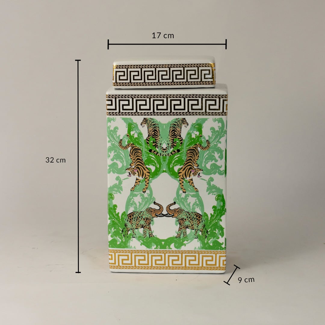 White ceramic jar measuring 32 cm in height and 17 cm in width featuring green foliage and tiger artwork.
