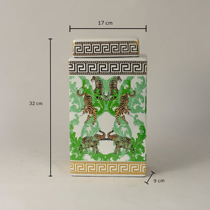 White ceramic jar measuring 32 cm in height and 17 cm in width featuring green foliage and tiger artwork.