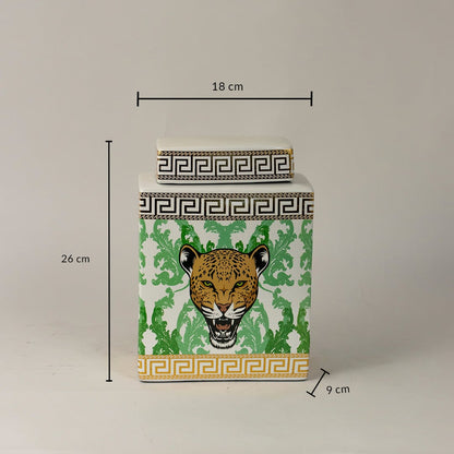 White ceramic jar measuring 26 cm in height and 18 cm in width featuring a hand-painted leopard design.