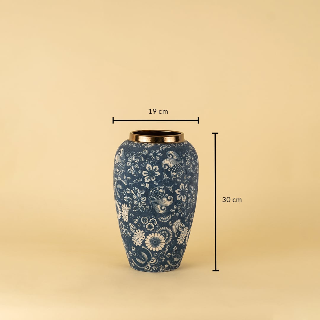 Blue floral ceramic vase with golden rim measuring 30 cm height and 19 cm diameter for home decor.