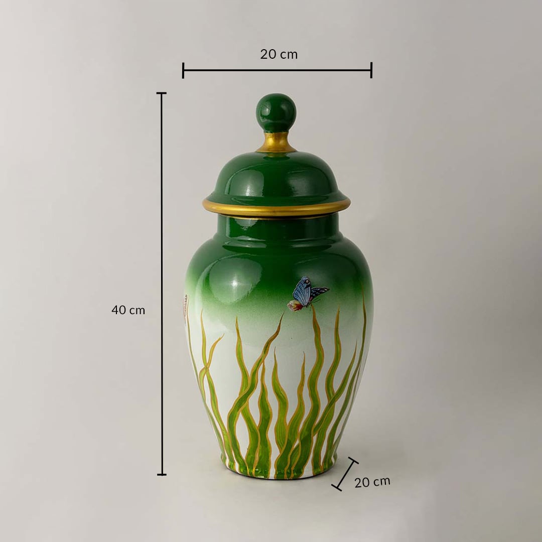 Green ceramic jar with golden rim and butterfly art shown with 40 cm height and 20 cm width for size reference.