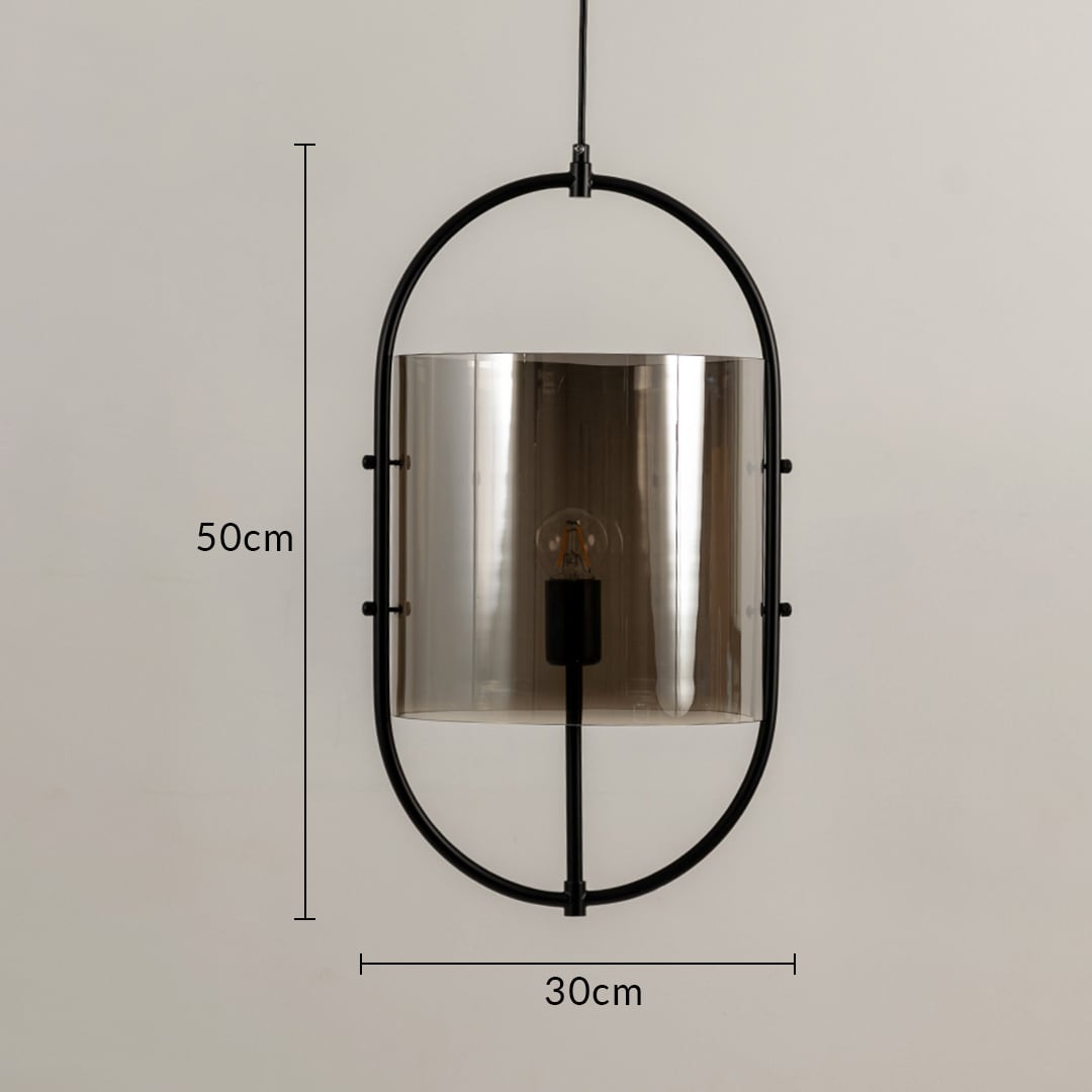 Pendant light measuring 50 cm in height and 30 cm in width featuring a chrome oval metal frame with smoked glass shade.