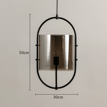 Pendant light measuring 50 cm in height and 30 cm in width featuring a chrome oval metal frame with smoked glass shade.
