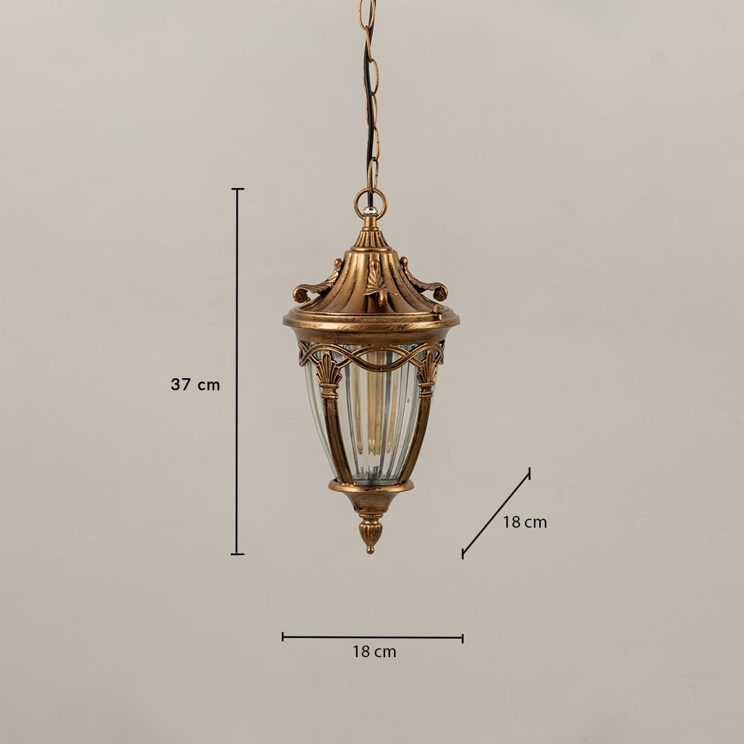 Gold metal outdoor hanging lantern showing size clearly with height 37 cm width 18 cm and depth 18 cm ideal for balcony and patio lighting needs.