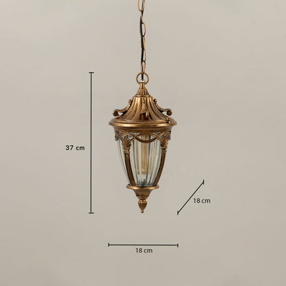 Gold metal outdoor hanging lantern showing size clearly with height 37 cm width 18 cm and depth 18 cm ideal for balcony and patio lighting needs.