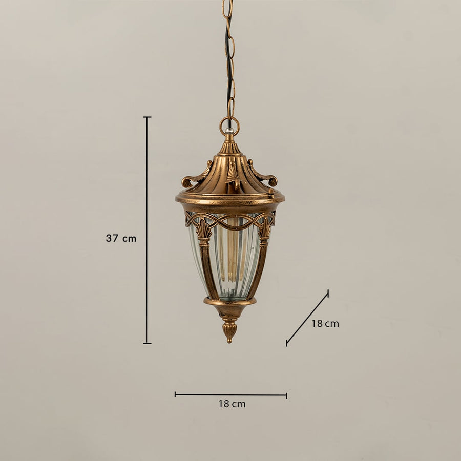 Gold metal outdoor hanging lantern showing size clearly with height 37 cm width 18 cm and depth 18 cm ideal for balcony and patio lighting needs.