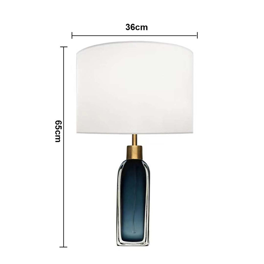 White shade blue glass table lamp with size 52cm height and 36cm width with light off on white background for modern elegant décor.