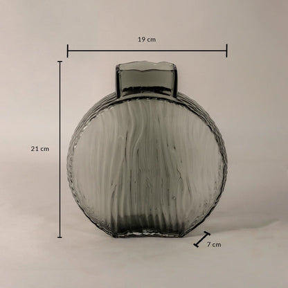 Smoky gray round glass vase measuring 21 cm tall  19 cm wide  and 7 cm deep displayed with visible dimensions.