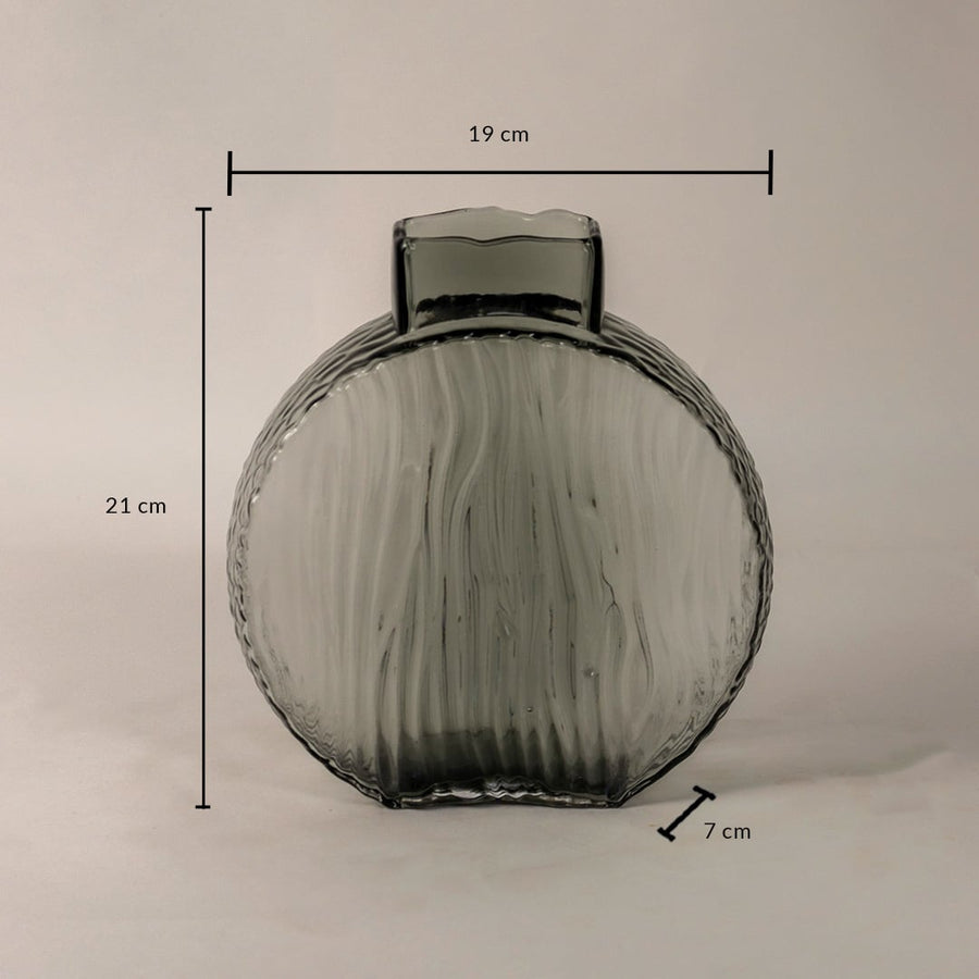 Smoky gray round glass vase measuring 21 cm tall  19 cm wide  and 7 cm deep displayed with visible dimensions.