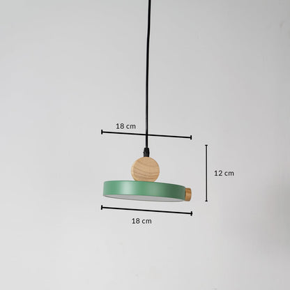 Pendant light with green wood and metal circular design shown with 12cm height and 18cm width for modern interiors.