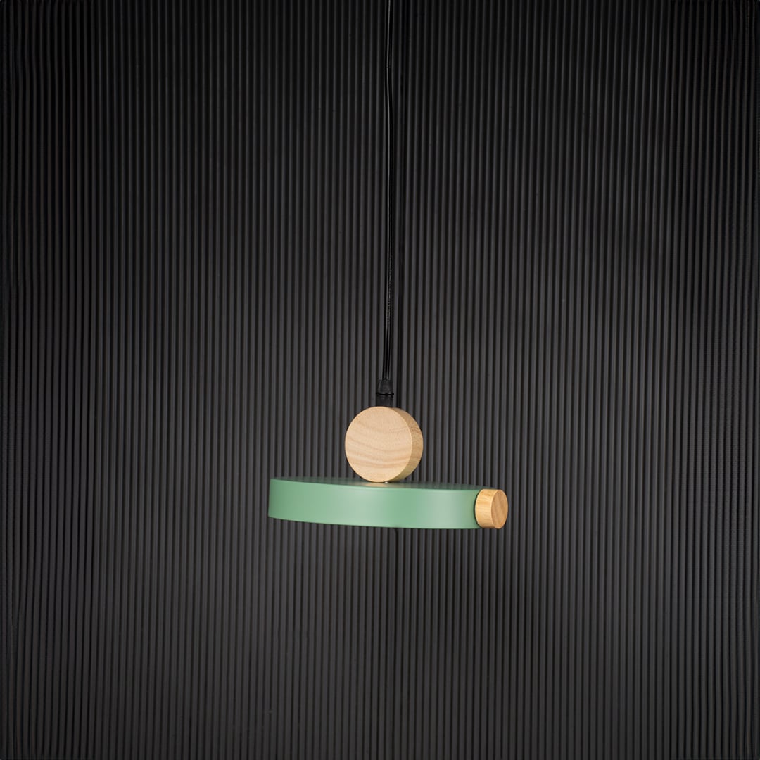 Green wood and metal pendant light bulb off on black background with circular round design for stylish interiors.