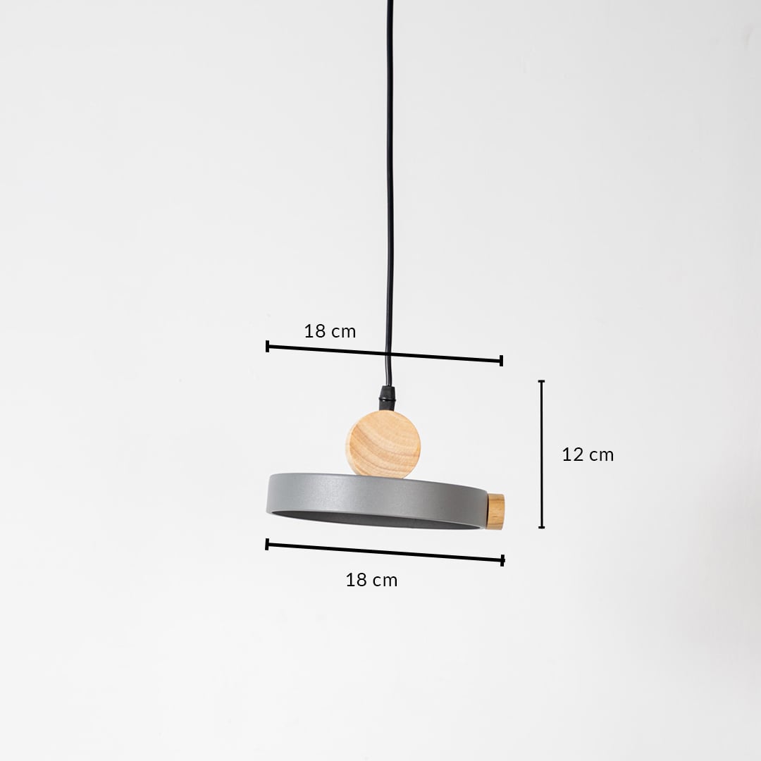 Pendant light with wood and metal circular design shown with 12cm height and 18cm width for stylish home lighting.
