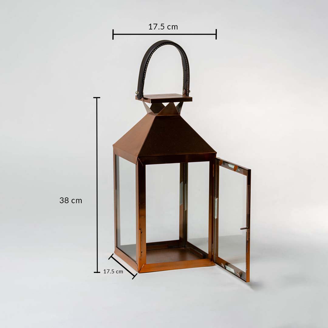 Bronze lantern displayed with visible dimensions showing 38 cm height 17.5 cm width and 17.5 cm depth providing perfect reference for customers assessing product fit and proportion.
