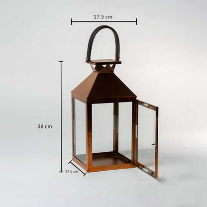 Bronze lantern displayed with visible dimensions showing 38 cm height 17.5 cm width and 17.5 cm depth providing perfect reference for customers assessing product fit and proportion.