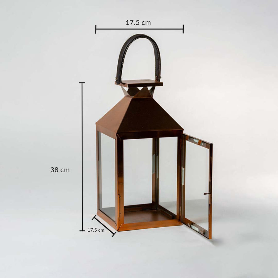 Bronze lantern displayed with visible dimensions showing 38 cm height 17.5 cm width and 17.5 cm depth providing perfect reference for customers assessing product fit and proportion.