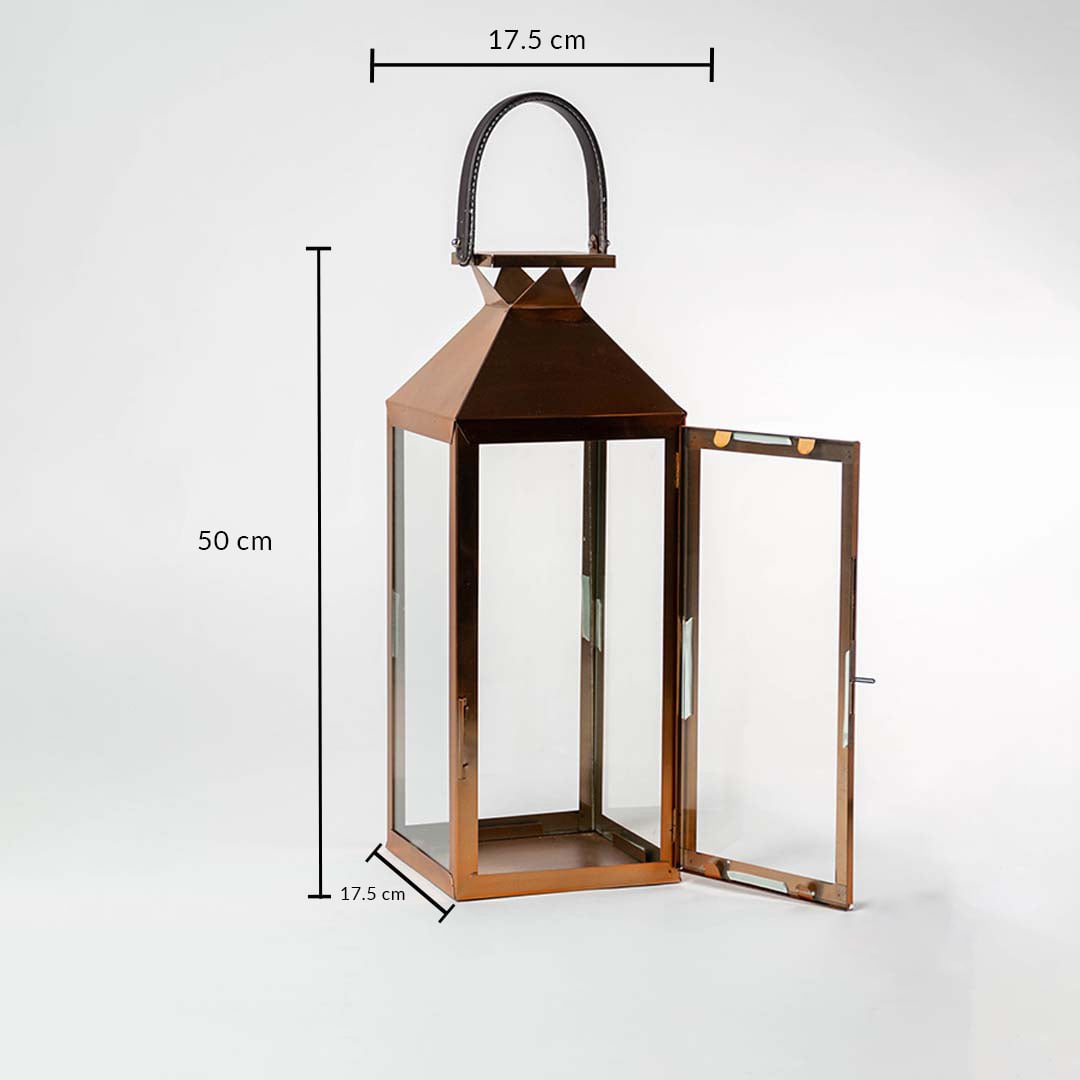 Bronze lantern with visible dimensions showing 50 cm height 17.5 cm width and 17.5 cm depth providing scale for buyers and emphasizing product proportions.