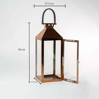 Bronze lantern with visible dimensions showing 50 cm height 17.5 cm width and 17.5 cm depth providing scale for buyers and emphasizing product proportions.