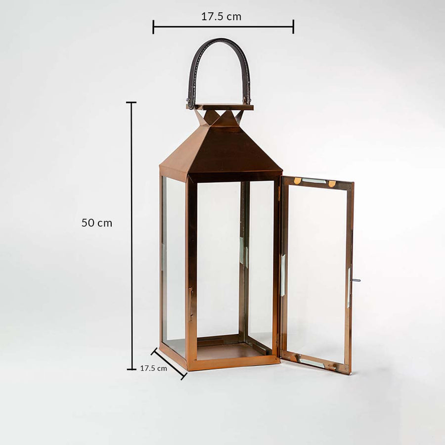 Bronze lantern with visible dimensions showing 50 cm height 17.5 cm width and 17.5 cm depth providing scale for buyers and emphasizing product proportions.