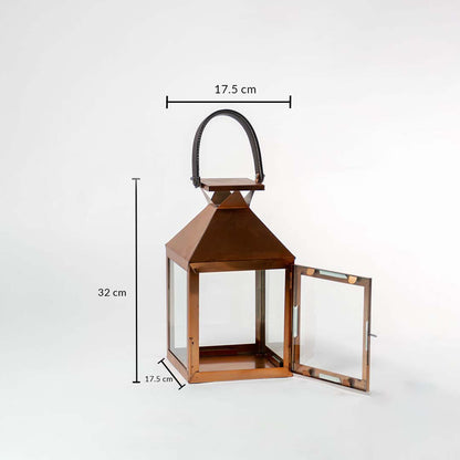 Copper lantern with size dimensions labeled 32 cm height and 17.5 cm width for clarity.