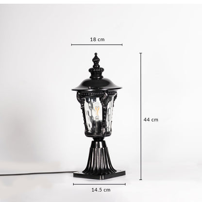Black pillar light with patterned clear glass measuring 44 cm height and 18 cm width ideal for outdoor pillar decor.