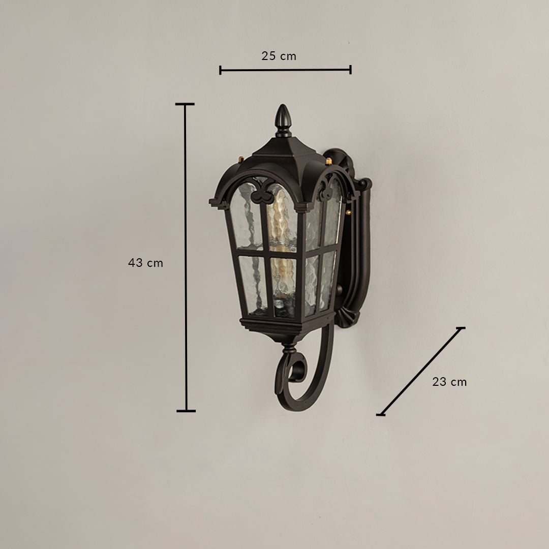 Black metal outdoor wall light dimension image with 43 cm height and textured water glass shade for patio path decor.