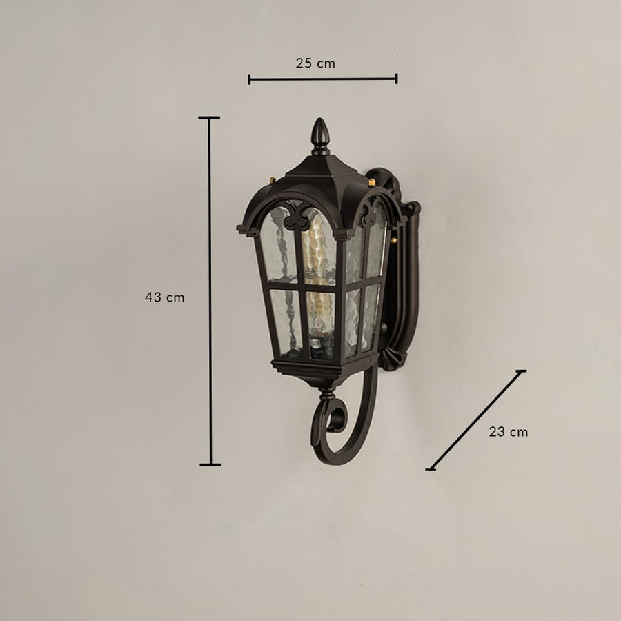 Black metal outdoor wall light dimension image with 43 cm height and textured water glass shade for patio path decor.