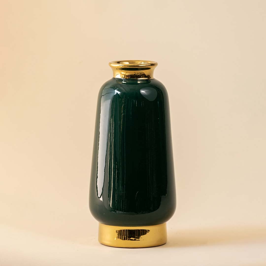 Dark green ceramic decorative vase with glossy finish displayed on white background offering modern accent for home decor styling.