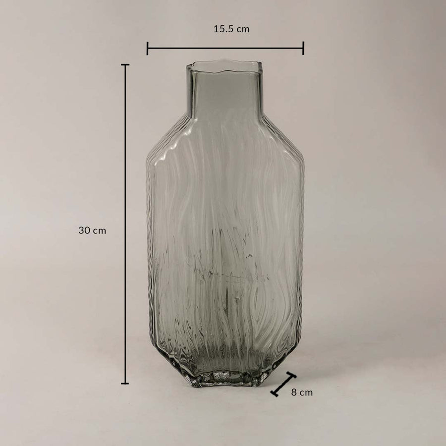Smoky gray glass vase measuring 30 cm tall  15.5 cm wide  and 8 cm deep displayed with marked dimensions.