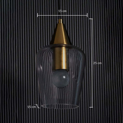 A modern glass pendant light with a gold top displayed with clear measurements showing 15 cm width and 25 cm height for accurate size reference.
