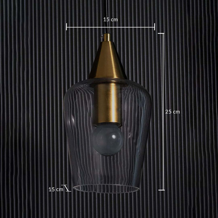 A modern glass pendant light with a gold top displayed with clear measurements showing 15 cm width and 25 cm height for accurate size reference.