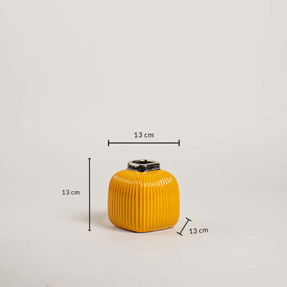 Yellow ribbed ceramic mini vase shown with 13 cm height and 13 cm width offering a clear accurate size reference.