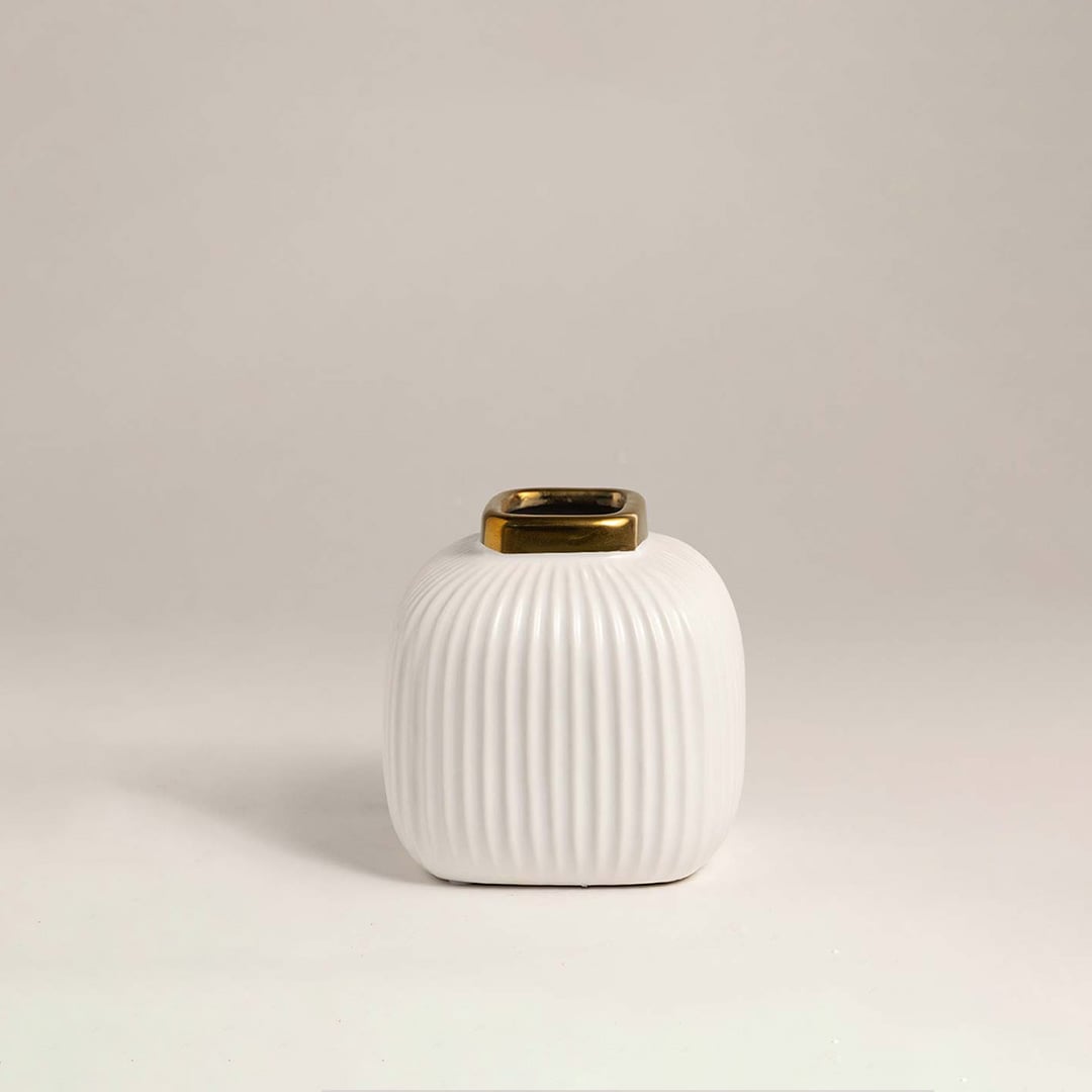 Premium white ribbed ceramic vase with golden rim shown on a white background under bright light for product detailing.