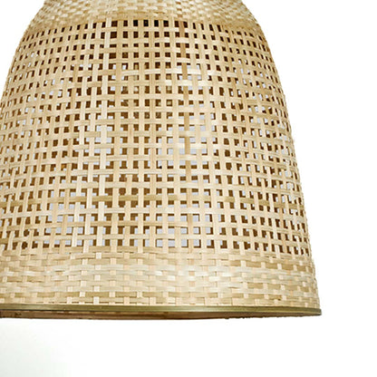 Closeup of tall rattan pendant light with handwoven bamboo shade in natural finish for modern interiors.