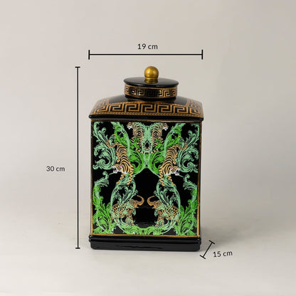 Black ceramic jar measuring 30 cm in height and 19 cm in width featuring intricate green foliage and tiger artwork.
