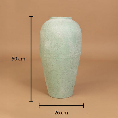 Mint green textured ceramic vase with 50 cm height and 26 cm width shown clearly for living room decor placement reference.