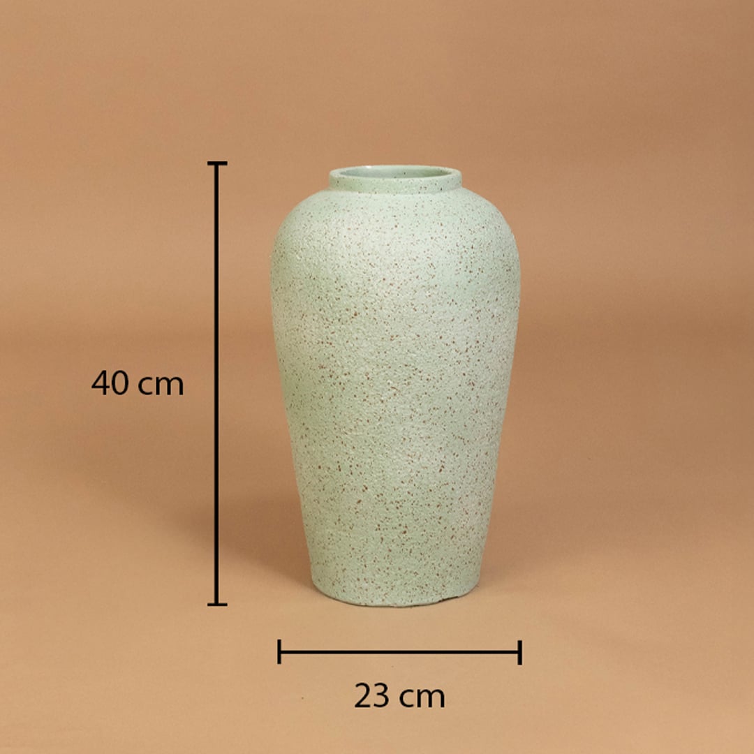 Tall light grey textured terracotta vase shown with 50 cm height and 26 cm width ideal for entryway tabletop and minimalist natural home styling.