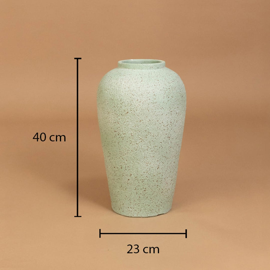 Tall light grey textured terracotta vase shown with 50 cm height and 26 cm width ideal for entryway tabletop and minimalist natural home styling.