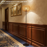 Clove Linear Black Floor Lamp with Orbicular Rattan Shade