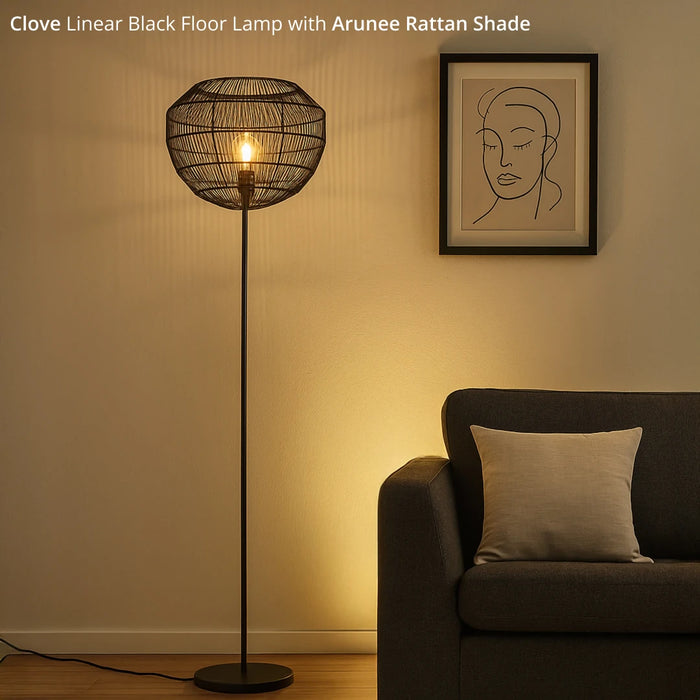 Clove Linear Black Floor Lamp with Arunee Rattan Shade
