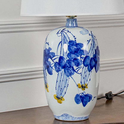 Closeup of white ceramic lamp with detailed blue floral artwork and white shade showcasing refined craftsmanship and classic artistic beauty.