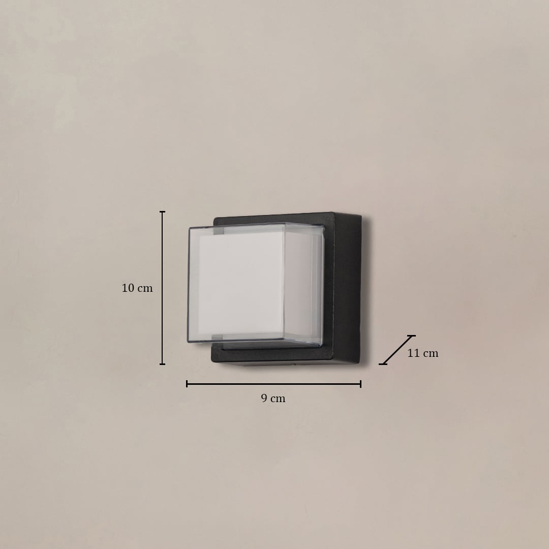 Black metal wall light dimension image with 8 cm size and frosted glass shade for modern exterior decor.