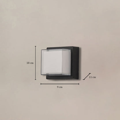 Black metal wall light dimension image with 8 cm size and frosted glass shade for modern exterior decor.