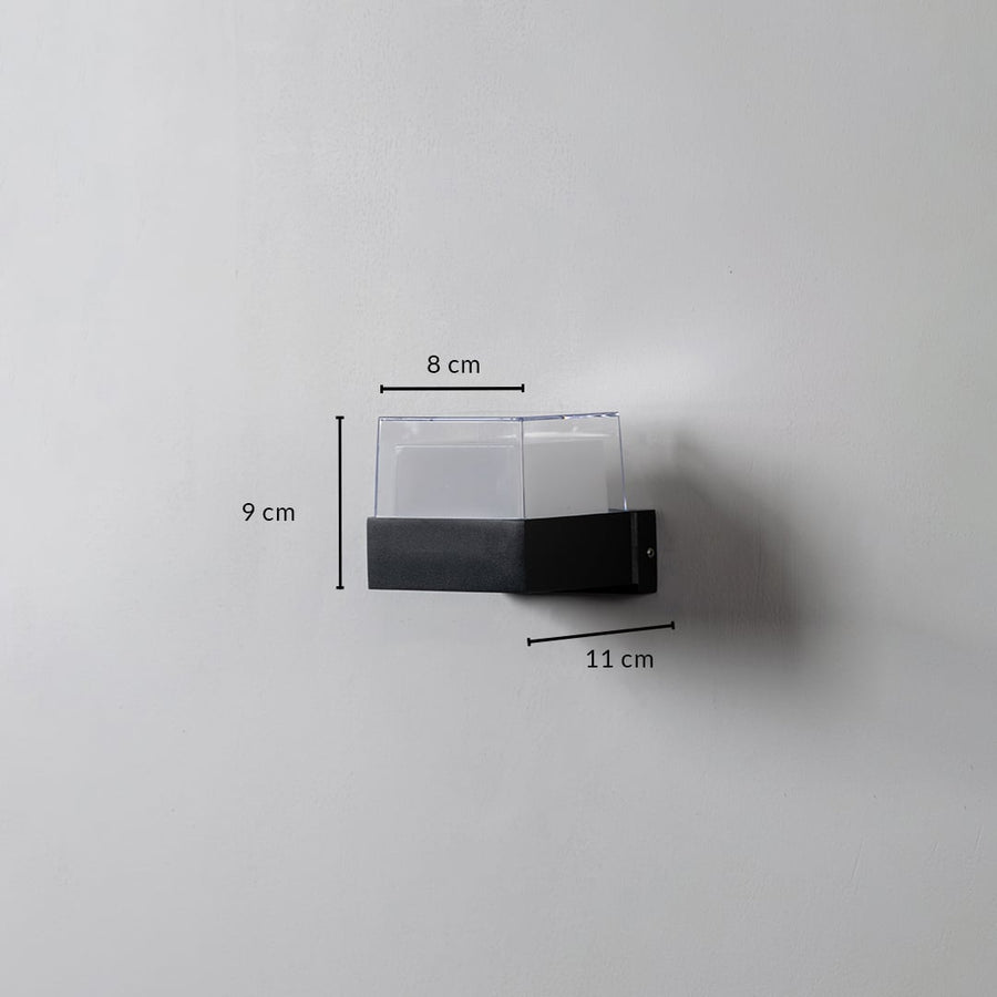 Wall light dimension image showing 9 cm height 8 cm width and 11 cm depth ideal for compact indoor or outdoor lighting.