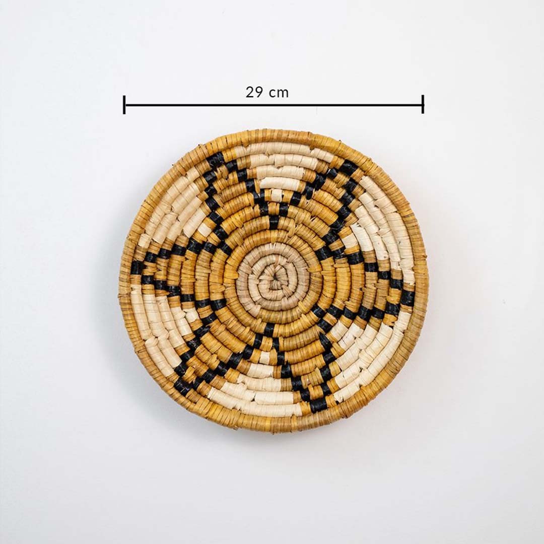 Handwoven jute round wall basket decor in beige brown and black rustic boho star wall art accent piece with 29 cm size shown.