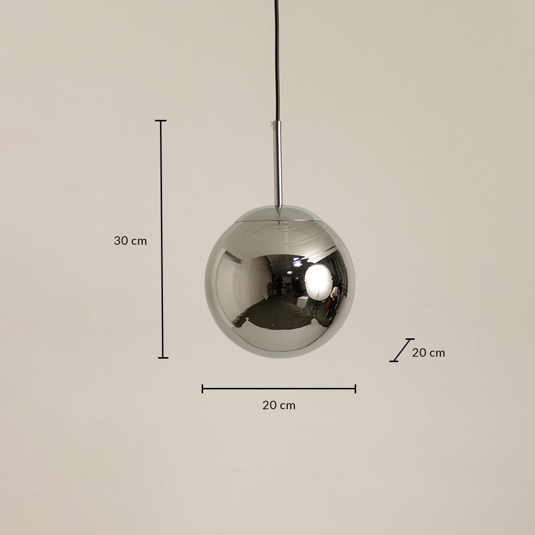 Chrome sphere pendant light measuring 20 cm width and 30 cm height with 20 cm depth for accurate placement.