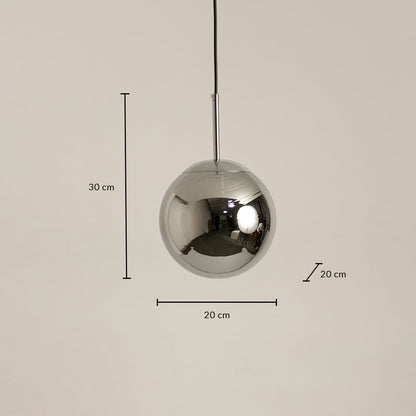 Chrome sphere pendant light measuring 20 cm width and 30 cm height with 20 cm depth for accurate placement.