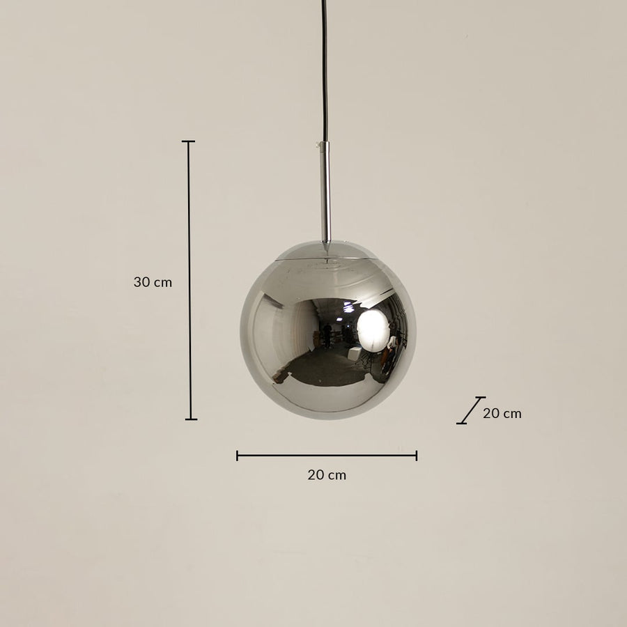 Chrome sphere pendant light measuring 20 cm width and 30 cm height with 20 cm depth for accurate placement.