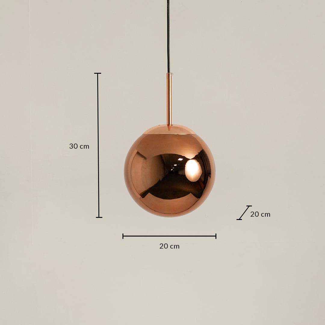 Copper sphere pendant light measuring 20 cm width and 30 cm height with 20 cm depth for accurate ceiling placement.