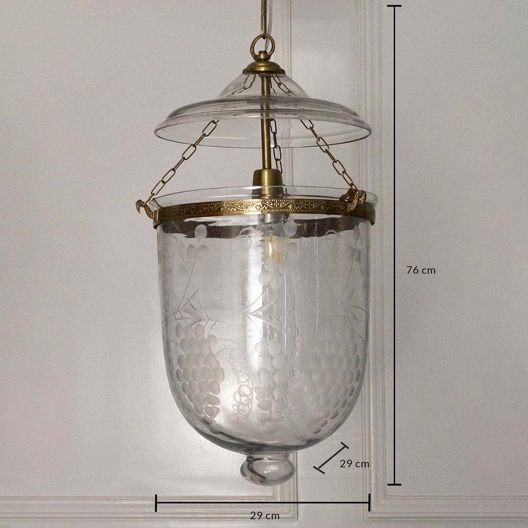 Dimension image of clear hammered glass and antique brass pendant light showing 70 cm height and 23 cm width.